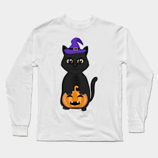 cute black cat and pumpkin halloween Long Sleeve T-Shirt